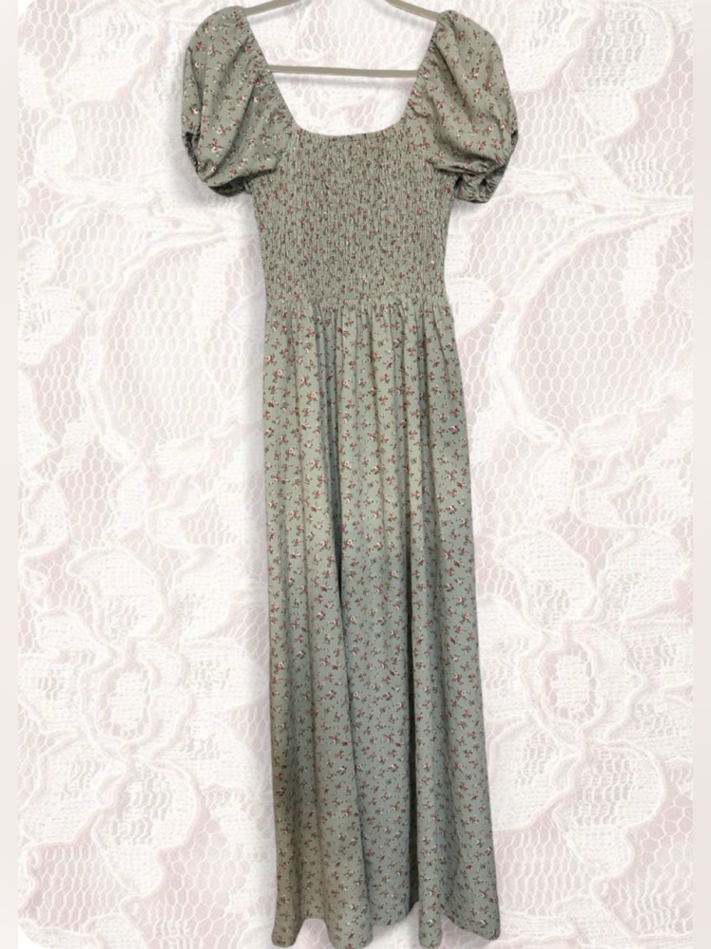 Pie in the Sky green floral maxi dress with lace up back, size M